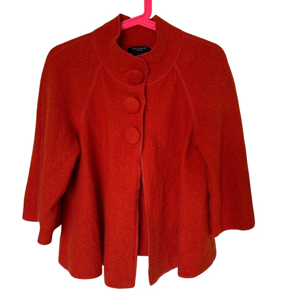 Sandro Wool Swing Jacket Women Small Orange Excellent Funnel Neck Button Front